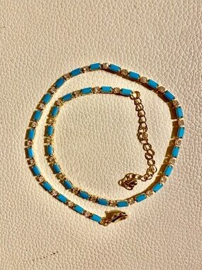 Natural Turquoise & CZ Tennis Necklace 14K Yellow Gold Plated